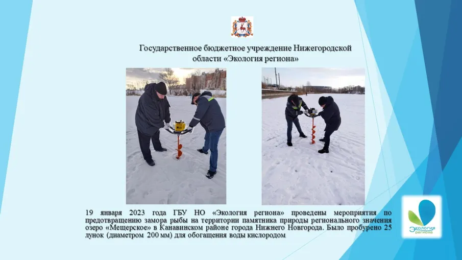 19 января 2023 года ГБУ НО «Экология региона» проведены мероприятия по предотвращению замора рыбы на территории памятника природы регионального значения озеро «Мещерское» в Канавинском районе города Нижнего Новгорода.
